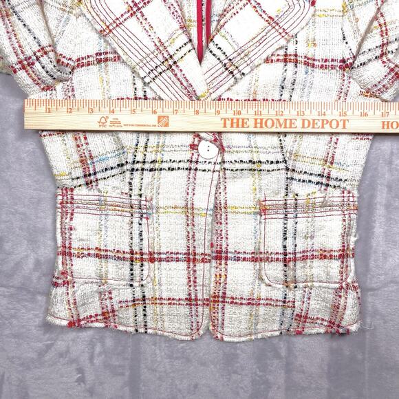Zara Cream Red Plaid Boucle Cropped Tweed Blazer Jacket Sz 6 Deconstructed Chic - Picture 8 of 14
